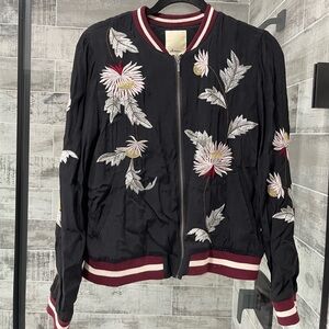 Anthropologie elevenses Embroidered Black Bomber Jacket